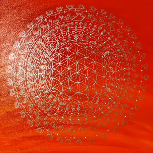 Energiebild * Mandala No. 3* Kraft der Göttinnen * rot-orange & silber * 40x40 cm